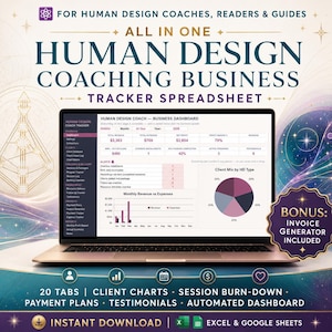 Può includere: Un computer portatile che mostra un foglio di calcolo per il monitoraggio dell'attività di coaching Human Design. Lo schermo presenta una dashboard con entrate, uscite e un grafico a torta. Il testo include 'All in one Human Design coaching business tracker spreadsheet' e 'Bonus: invoice generator included'.