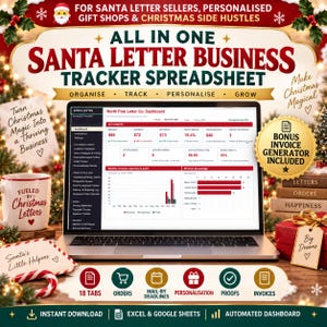 Op de afbeelding: Een digitaal bedrijfs-tracker-spreadsheet voor kerstbrieven weergegeven op een laptopscherm. Het dashboard toont kerncijfers, inkomsten, uitgaven en winstgrafieken. Bevat 18 tabbladen voor bestellingen, deadlines, personalisatie en facturen.