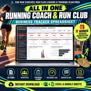 Running Coach Business Tracker Spreadsheet, Run Club Training Plan Mileage Log Race PR Athlete Invoice Tracker, Excel & Google Sheets