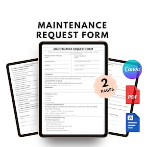 May include: A digital tablet displays a "Maintenance Request Form" with fields for property owner, tenant, and issue details. The image includes the text "2 PAGES", and icons for Canva, PDF, and Word document formats.