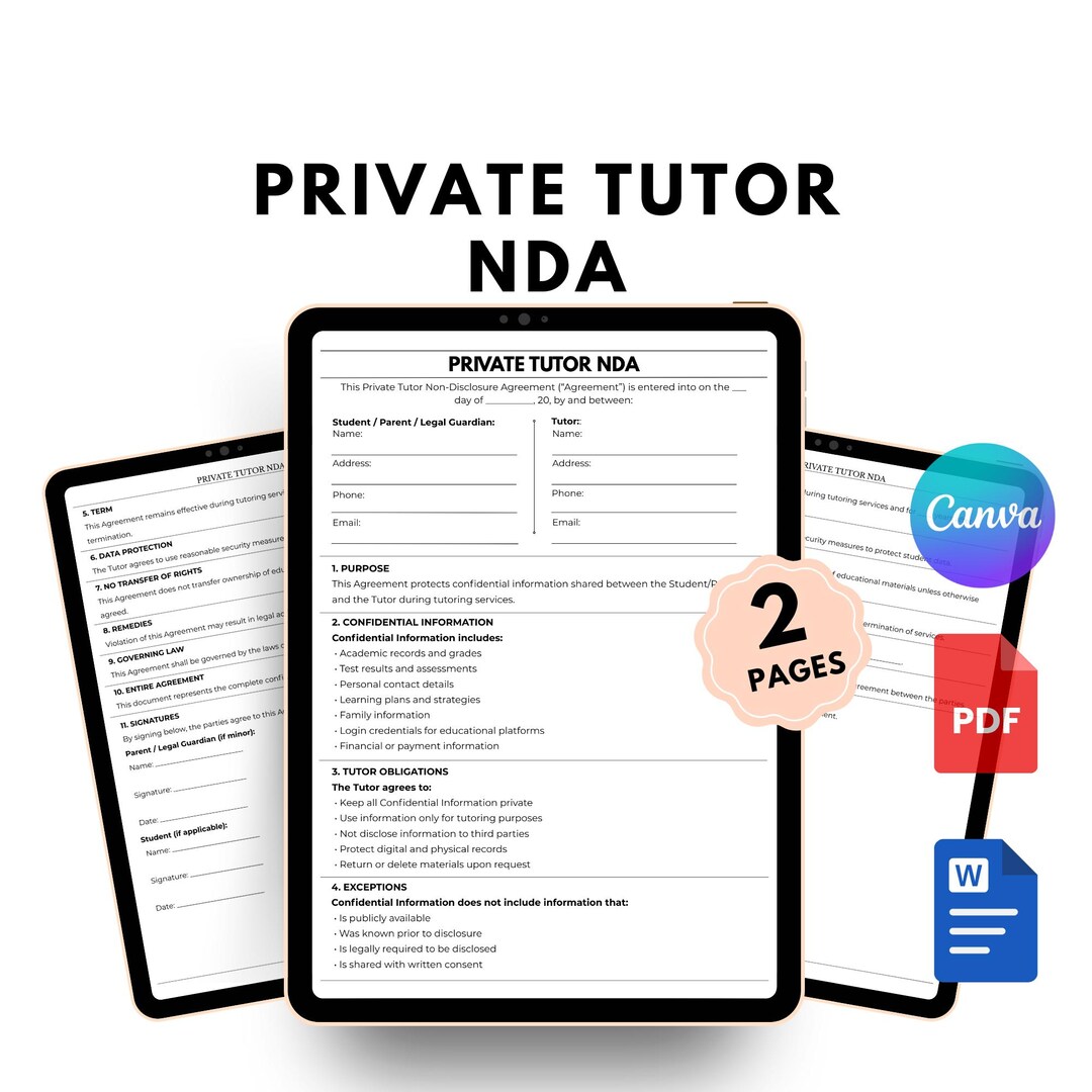 Editable Private Tutor NDA Template Tutor Confidentiality Agreement PDF ...