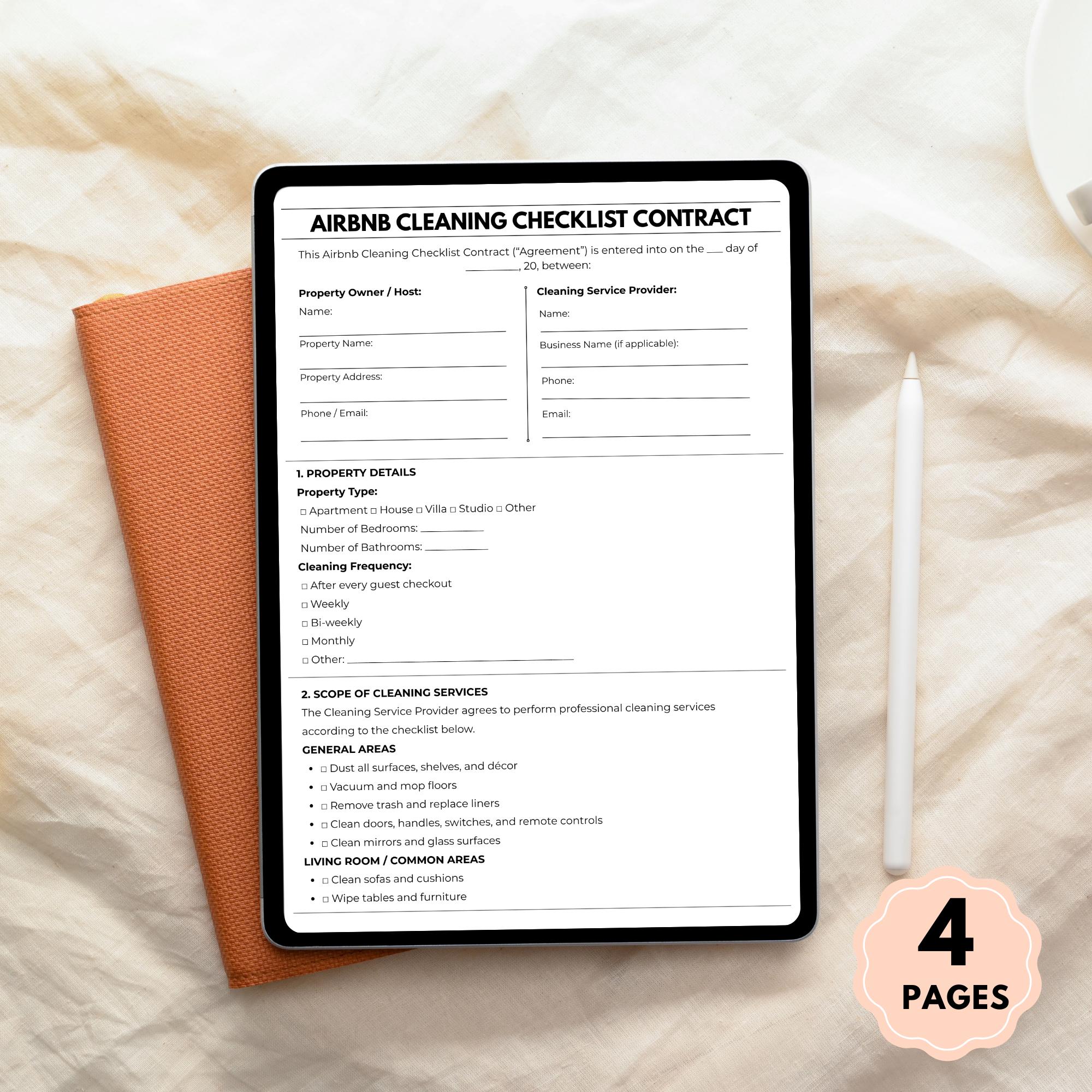 Editable Airbnb Cleaning Checklist Contract Short Term Rental