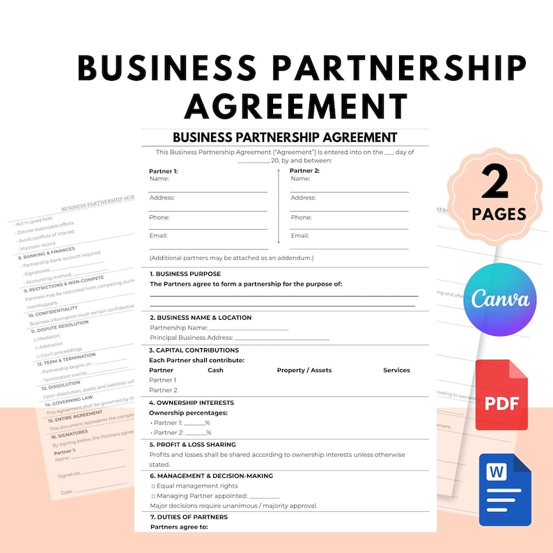 Editable Business Partnership Agreement | Partnership Contract Template ...