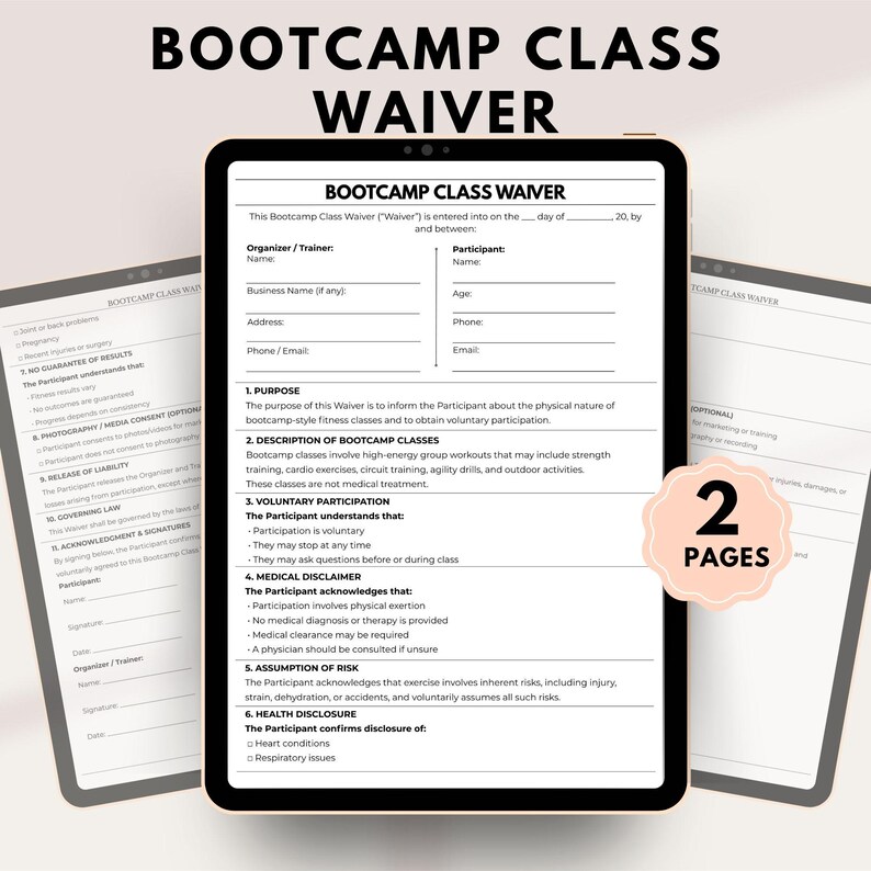 Editable Bootcamp Class Waiver | Fitness Liability Release | PDF Word ...