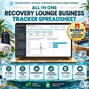 Könnte beinhalten: Eine digitale Recovery-Lounge-Business-Tracker-Tabelle auf einem Laptop-Bildschirm. Die Benutzeroberfläche zeigt Geschäftskennzahlen, Umsatzdiagramme und Sitzungsdaten. Ein goldenes Bonus-Abzeichen ist enthalten, zusammen mit Symbolen für 18 Registerkarten, Sitzungsprotokolle, Mitgliedschaften, Stationsauslastung, Haftungsausschlüsse und Sofort-Download-Optionen.