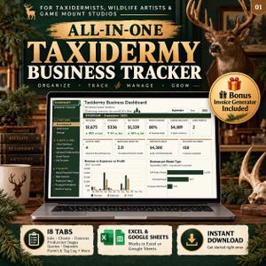 May include: A laptop displaying an all-in-one taxidermy business tracker dashboard with financial data, revenue charts, and job tracking metrics. The screen shows September 2025 data, including revenue, expenses, and profit margins for taxidermy studios.