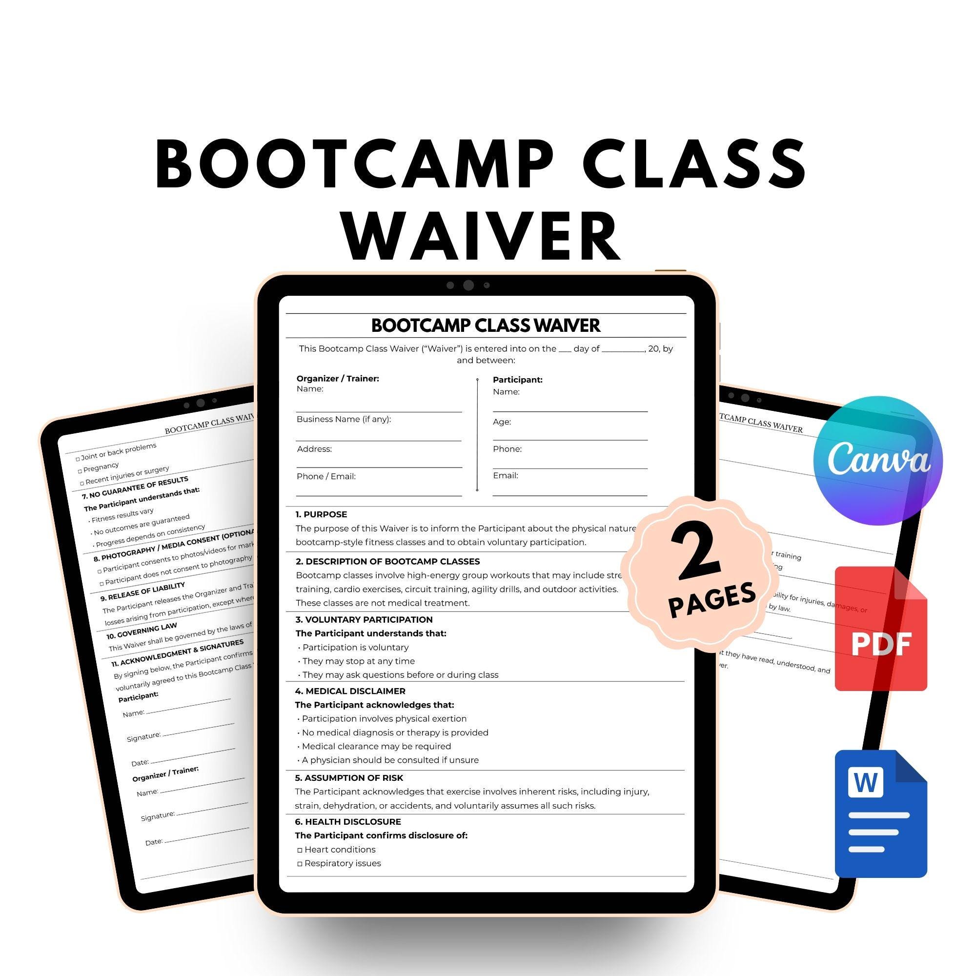 Editable Bootcamp Class Waiver | Fitness Liability Release | PDF Word ...