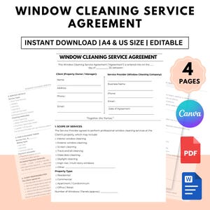 May include: A printable window cleaning service agreement template. The document includes sections for client and service provider information, scope of services, fees, and client responsibilities. The design includes a Canva logo, a PDF icon, and a Word document icon.