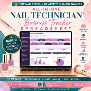 May include: A digital nail technician business tracker spreadsheet displayed on a laptop screen. The interface shows a dashboard with income, expenses, profit, and appointment data. The background features nail polish bottles and a makeup brush.