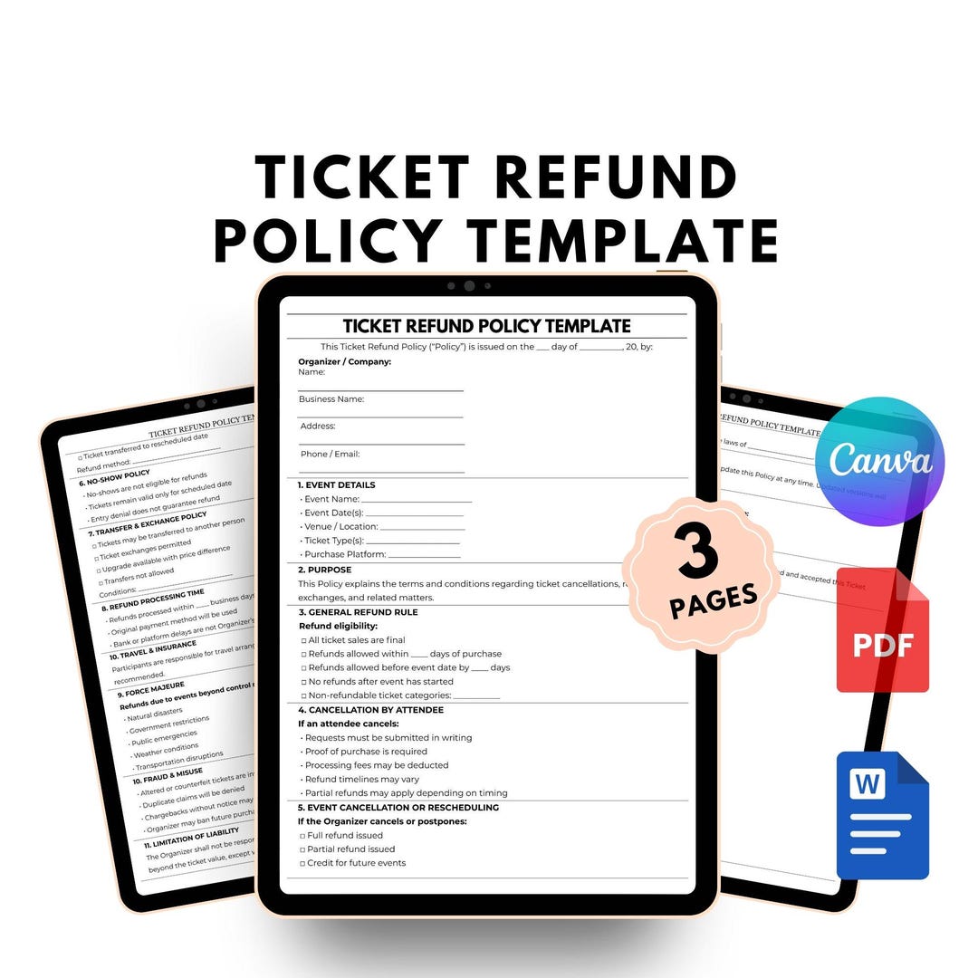 Editable Ticket Refund Policy Template | Event Refund Terms PDF Word ...
