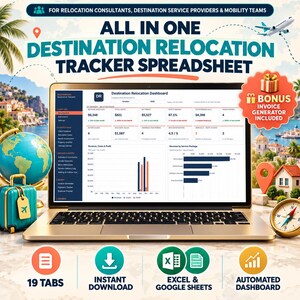 May include: A laptop displaying an All In One Destination Relocation Tracker Spreadsheet dashboard with charts and data. The screen shows revenue, costs, and profit metrics. A bonus invoice generator is included in this digital tool.