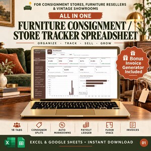 Furniture Consignment Store Tracker Spreadsheet, Consignor Split & Payout Ledger, Resale Inventory Markdown, Excel Google Sheets Template