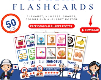 Printable Korean Flashcards Bilingual Hangul Alphabet Numbers Shapes Colors Kids Learning Cards (PDF Download).