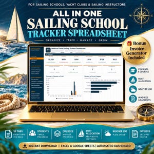 Sailing School Business Tracker Spreadsheet | Excel & Google Sheets | Course Calendar, Boat Allocation, Student Database, Invoice Template