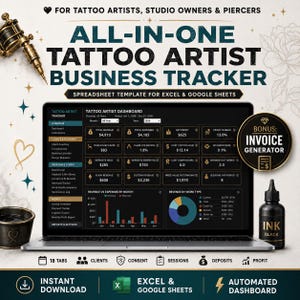 Peut inclure: Un outil de suivi d'activité numérique pour tatoueurs affiché sur un écran d'ordinateur portable, présentant un tableau de bord avec des indicateurs financiers, des graphiques de revenus et des données de réservation pour la gestion.