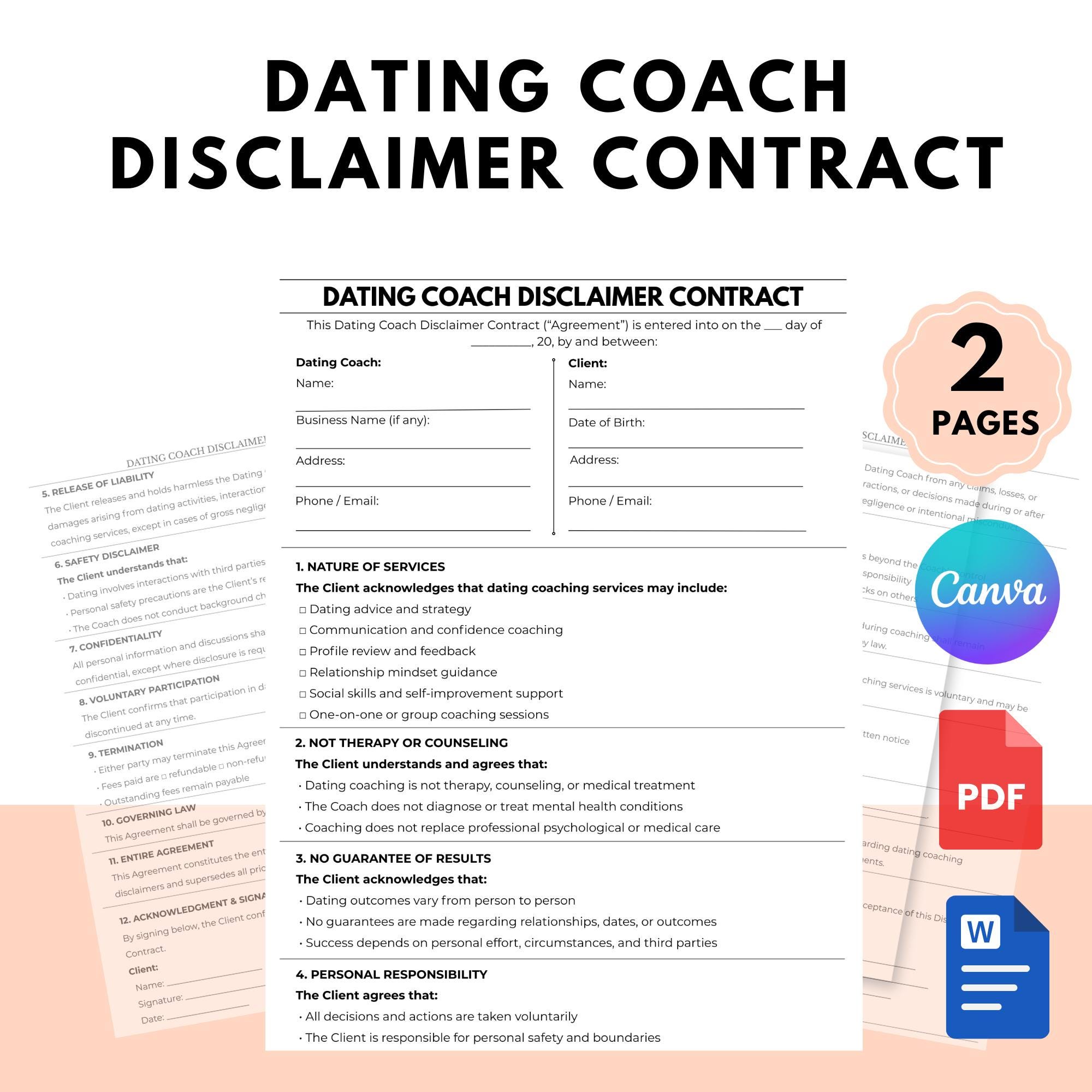 Dating Contract.pdf Editable Dating Coach Disclaimer Contract | Relationship Coaching ...