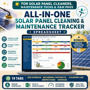 Puede incluir: Una hoja de cálculo todo en uno para la limpieza y el mantenimiento de paneles solares en la pantalla de un portátil. El panel muestra datos financieros, horarios de trabajo y seguimiento de clientes. Incluye 19 pestañas y funciones.