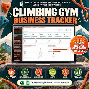 Peut inclure: Un ordinateur portable affichant un tableau de bord de suivi d'entreprise de salle d'escalade avec des indicateurs financiers, des graphiques et des onglets. L'écran montre les données de Summit Stone Climbing Co. Un badge indique un générateur de factures.