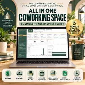 Peut inclure: Un ordinateur portable affichant un tableau de bord de suivi d'activité pour espaces de coworking. L'écran présente des données de revenus, dépenses et profits. Un badge doré indique qu'un générateur de factures est inclus.
