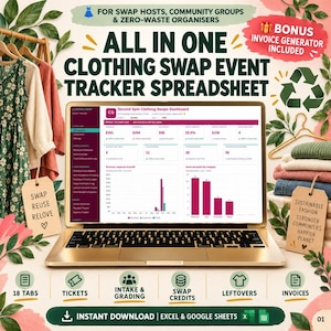 May include: A gold laptop displays an all-in-one clothing swap event tracker spreadsheet dashboard with data charts, revenue metrics, and event statistics. The screen shows tabs for intake, grading, tickets, and invoices for swap hosts.