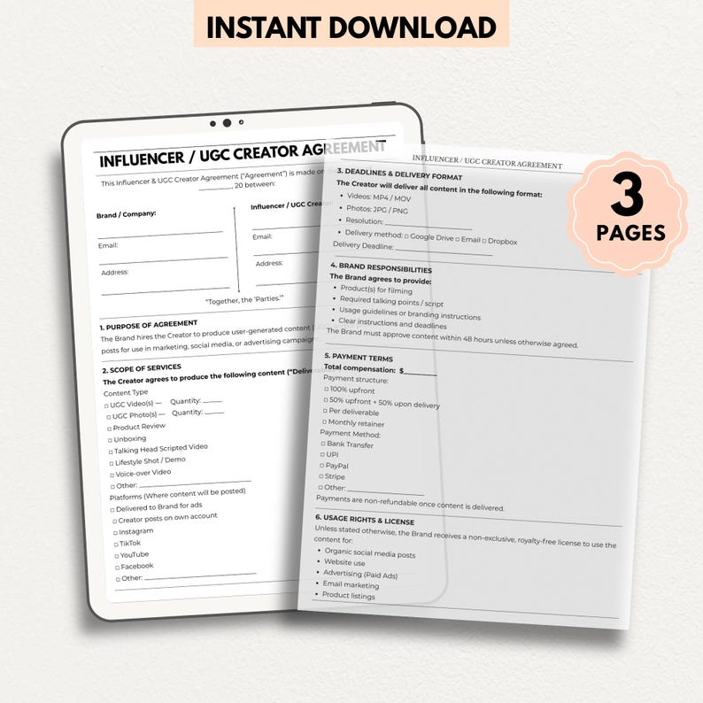 Usage Rights Influencer Editable Influencer UGC Creator Contract – Content Creator Agreement ...