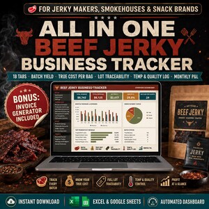 May include: A digital business tracker for beef jerky makers displayed on a laptop screen, featuring an overview dashboard with revenue, expense, and profit charts. The graphic includes text labels for batch yield, cost, and traceability.