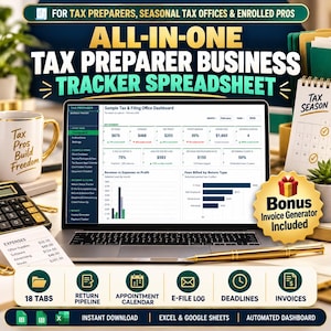 Könnte beinhalten: Eine digitale Steuertracker-Tabelle für Steuerberater auf einem Laptop-Bildschirm, die ein Dashboard mit Finanzkennzahlen, Diagrammen und Tabellen zeigt. Enthält eine Tasse, einen Taschenrechner, einen Stift und ein Bonus-Rechnungs-Generator-Abzeichen.