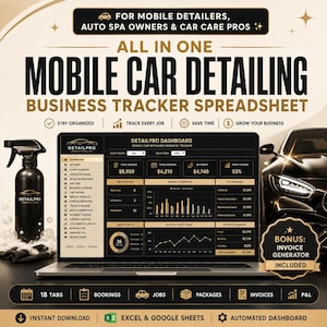 Mobile Car Detailing Business Tracker | Excel & Google Sheets Spreadsheet | Auto Detailing Job Booking Invoice Client Log | Small Business