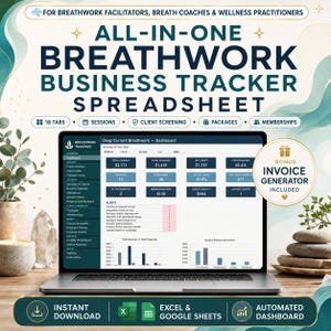 Könnte beinhalten: Ein Laptop zeigt ein All-in-One-Business-Tracker-Tabellenblatt für Atemarbeit mit Datentabellen, Diagrammen und Warnmeldungen. Der Bildschirm zeigt Einnahmen, Ausgaben und Gewinnkennzahlen. Text: "All-in-One Breathwork Business Tracker Spreadsheet".
