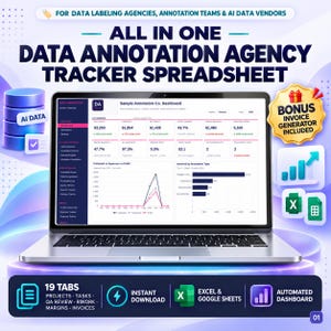Data Annotation Agency Tracker, AI Data Labeling Business Spreadsheet, Excel Google Sheets Template, QA Rework Margin Invoice Dashboard