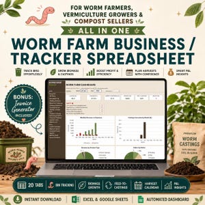 May include: A digital worm farm business and tracker spreadsheet displayed on a laptop screen. The interface features a dashboard with charts, revenue tracking, and harvest logs. Includes a bonus invoice generator and 20 tabs for management.