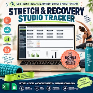 May include: A digital Stretch & Recovery Studio Tracker displayed on a laptop screen, featuring 18 tabs for Excel and Google Sheets. Includes a bonus invoice generator, a teal water bottle, a blue foam roller, and a green resistance band.