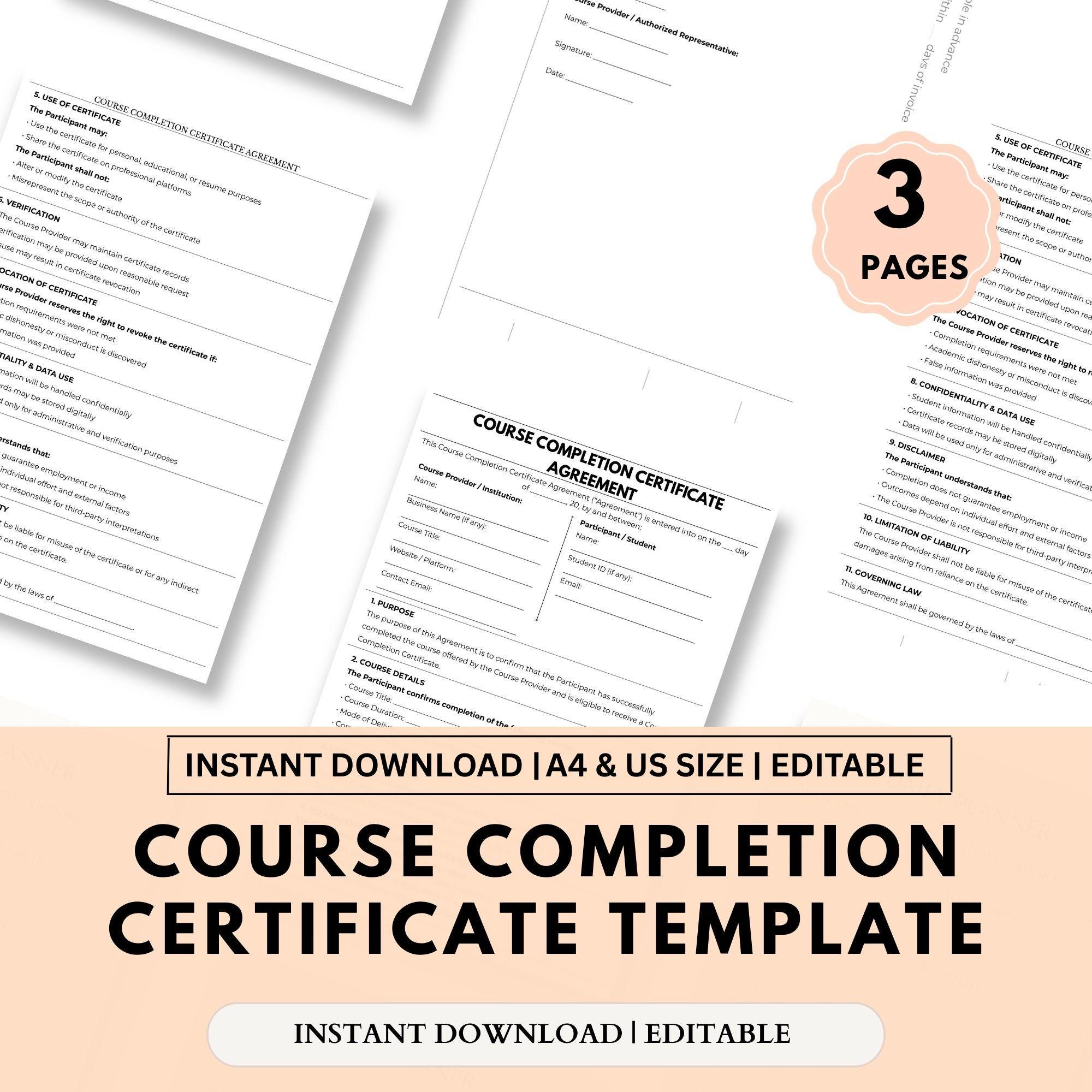 Editable Course Completion Certificate Template | Training Certificate ...