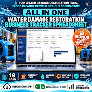 Puede incluir: Una hoja de cálculo digital para el seguimiento de negocios de restauración de daños por agua mostrada en una pantalla de portátil. El panel incluye métricas financieras, gráficos de ingresos y 18 pestañas para gestión de siniestros.