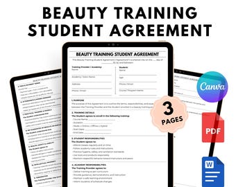 Bearbeitbare Studentenvereinbarung für Schönheitsschulungen - Einschulungsvertrag für Kosmetikkurs PDF Word Canva