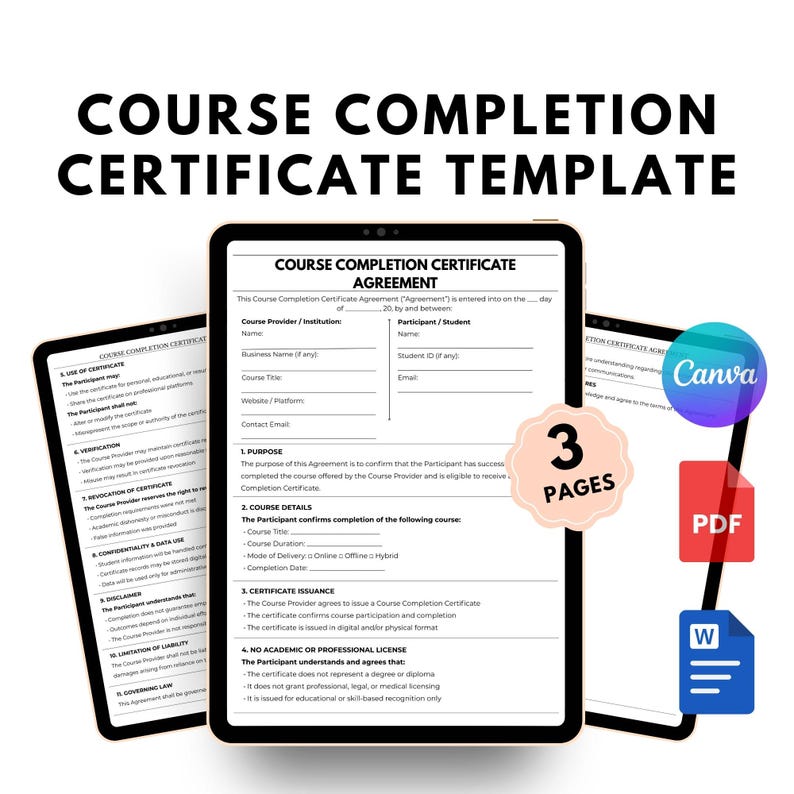 Editable Course Completion Certificate Template | Training Certificate ...