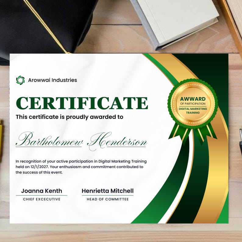 Green and Gold Business Certificate Template Editable Award Certificate ...