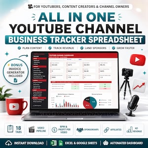 Peut inclure: Un tableur de suivi d'activité pour chaîne YouTube affiché sur un écran d'ordinateur portable. Le tableau de bord présente des données de revenus, dépenses et profits. Inclut un mug rouge avec logo YouTube, un appareil photo et un micro.
