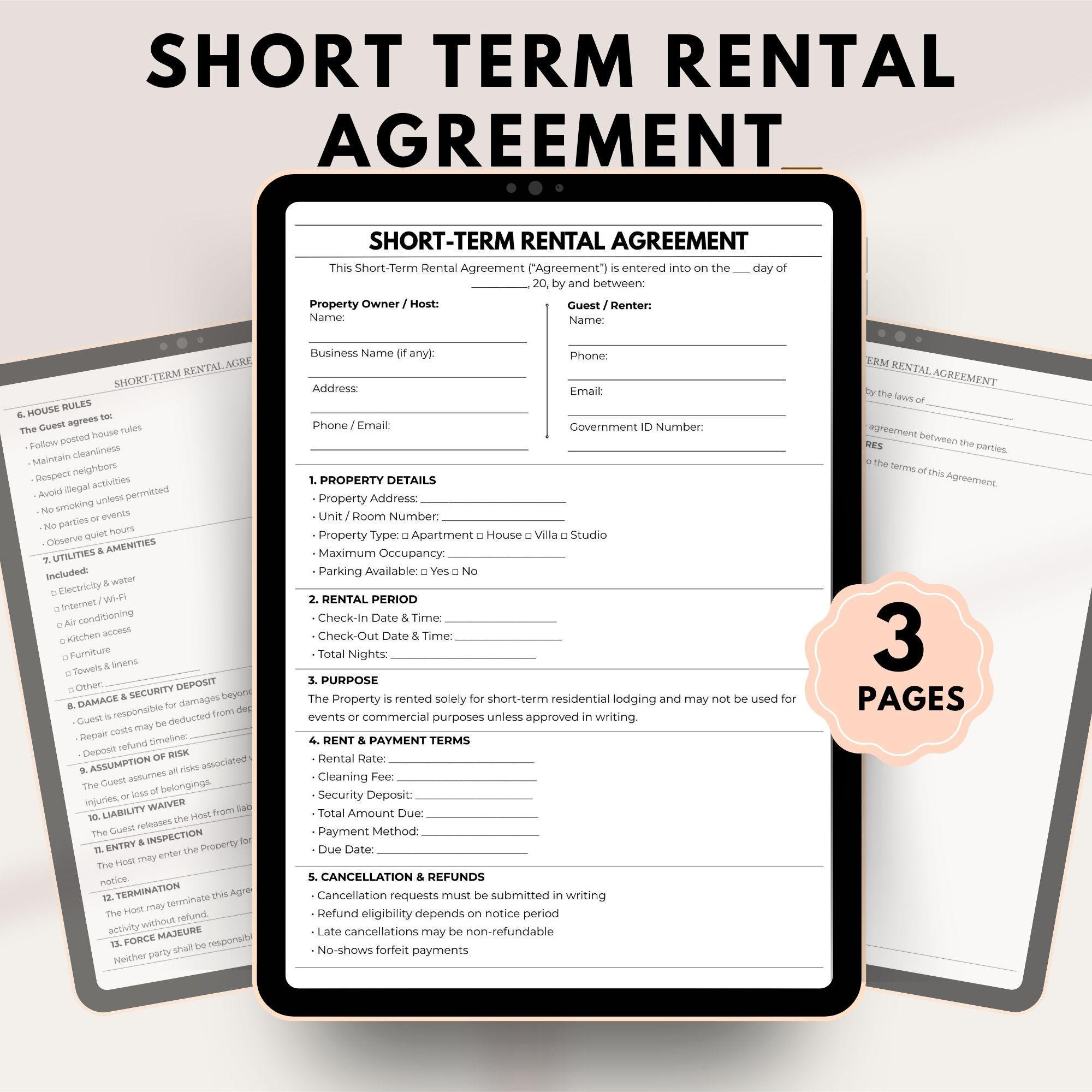 Short Contract Editable Short Term Rental Agreement – Vacation Rental Contract PDF ...