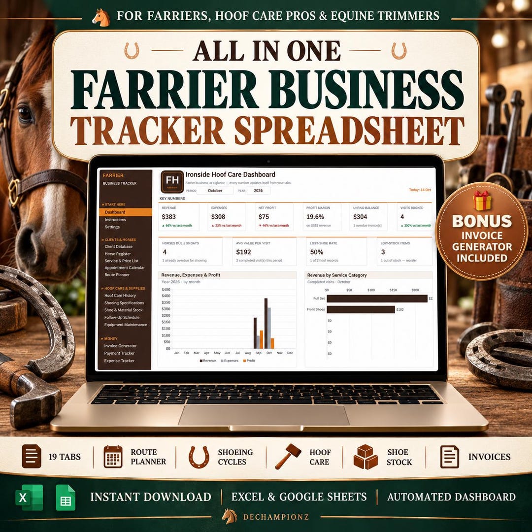 Farrier Business Tracker Spreadsheet, Horse Shoeing Cycle Log, Hoof ...