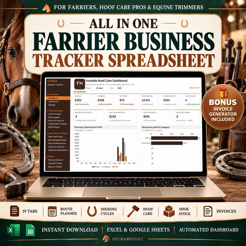 Farrier Business Tracker Spreadsheet, Horse Shoeing Cycle Log, Hoof ...