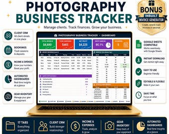 Photography Business Spreadsheet | Invoice Generator, Income Expense Tax Gear (Excel Google Sheets)