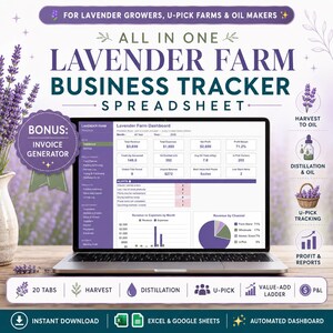 Op de afbeelding: Een digitale lavendelboerderij business tracker spreadsheet op een laptopscherm. Het dashboard toont inkomsten, uitgaven, winst en oogstgegevens. Inclusief een bonus factuurgenerator, 20 tabbladen en compatibel met Excel en Google Sheets.