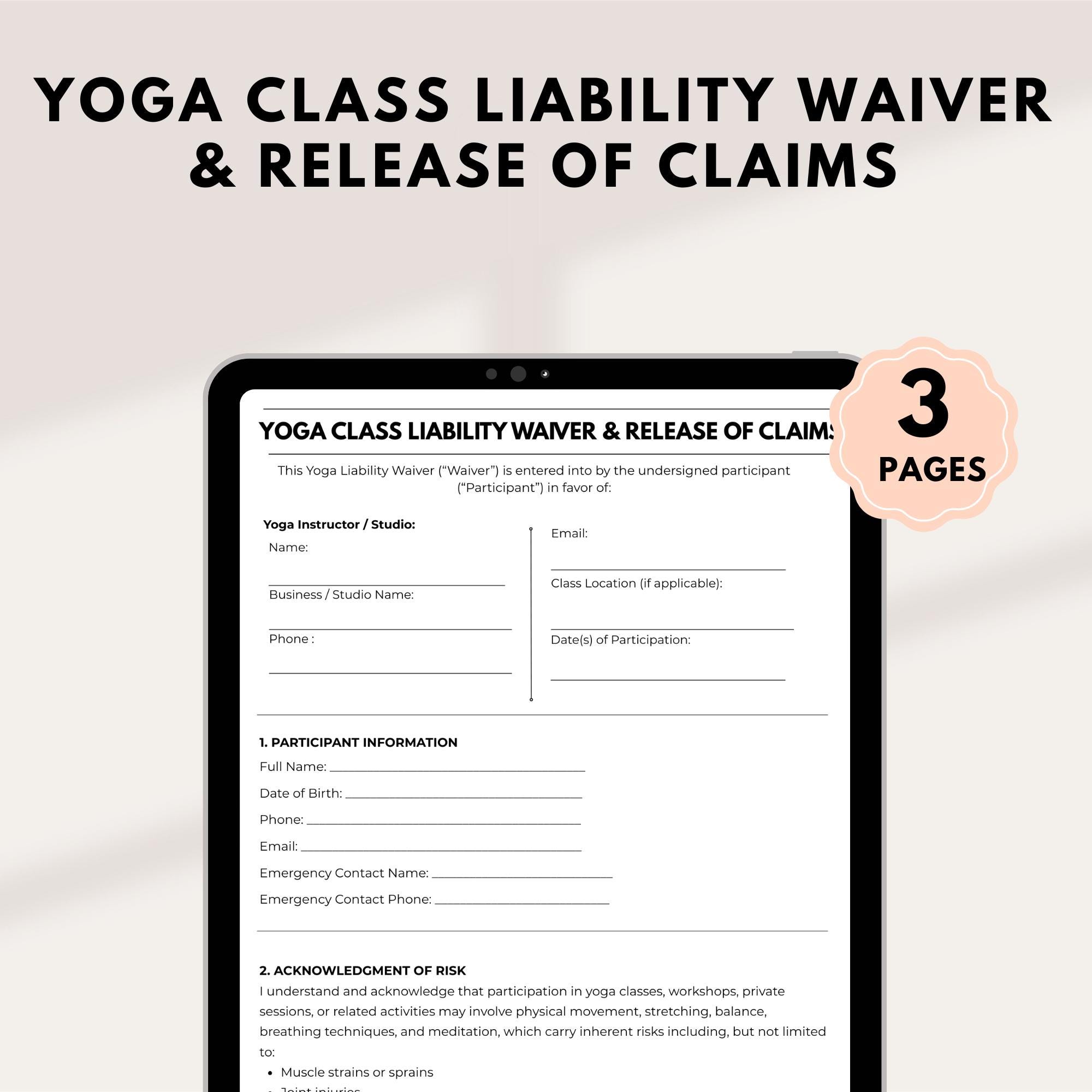 Editable Yoga Class Liability Waiver & Release of Claims – Yoga Studio ...