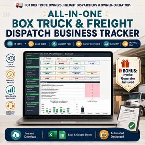 May include: A digital business tracker for box truck and freight dispatchers displayed on a laptop screen. The dashboard features tabs for load boards, dispatch fees, carrier scorecards, lane RPM, and monthly profit and loss statements.