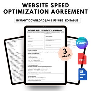 Può includere: Un modello digitale di accordo di ottimizzazione della velocità del sito web, disponibile per il download immediato nei formati A4 e US. Il documento è visualizzato su tre tablet, con icone Canva, PDF e Word.