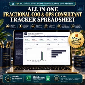 Puede incluir: Una hoja de cálculo digital para el seguimiento de COO fraccionarios y consultores de operaciones en la pantalla de un portátil. La interfaz muestra un panel con métricas de ingresos, beneficios y clientes, junto a iconos para 18 pestañas, retenciones y proyectos.
