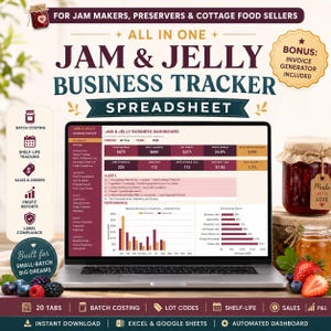 Jam & Jelly Business Tracker Spreadsheet Excel Google Sheets Batch Cost Calculator Cottage Food Sales Inventory Invoice Small Business
