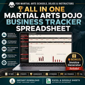Könnte beinhalten: Eine digitale Martial-Arts-Dojo-Business-Tracker-Tabelle auf einem Laptop-Bildschirm. Die Benutzeroberfläche zeigt ein Dashboard mit Finanzkennzahlen, Schülerverwaltung, Anwesenheitslisten und Fortschrittsverfolgung für Gürtelprüfungen.