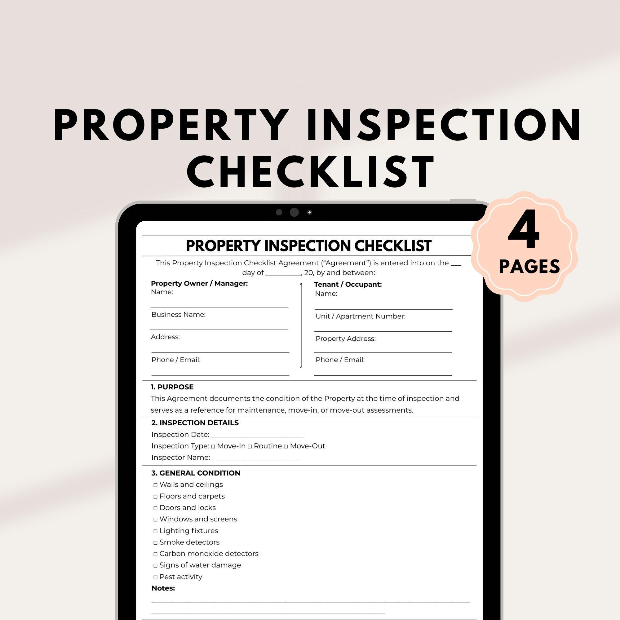 Editable Property Inspection Checklist | Rental Inspection Form | PDF ...